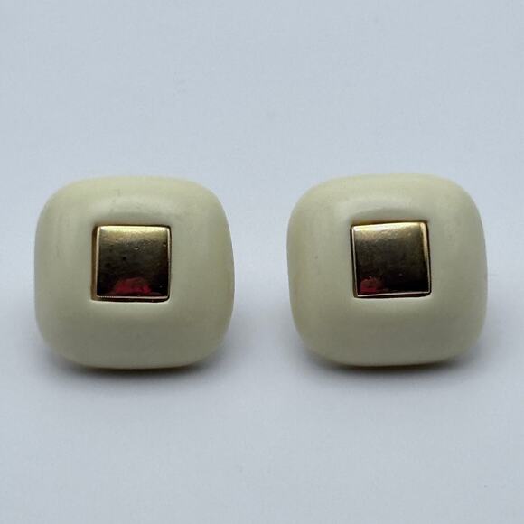 Vintage Crown Trifari Gold Tone Clip On  White Enamel Square Earrings 1940s - Picture 2 of 4